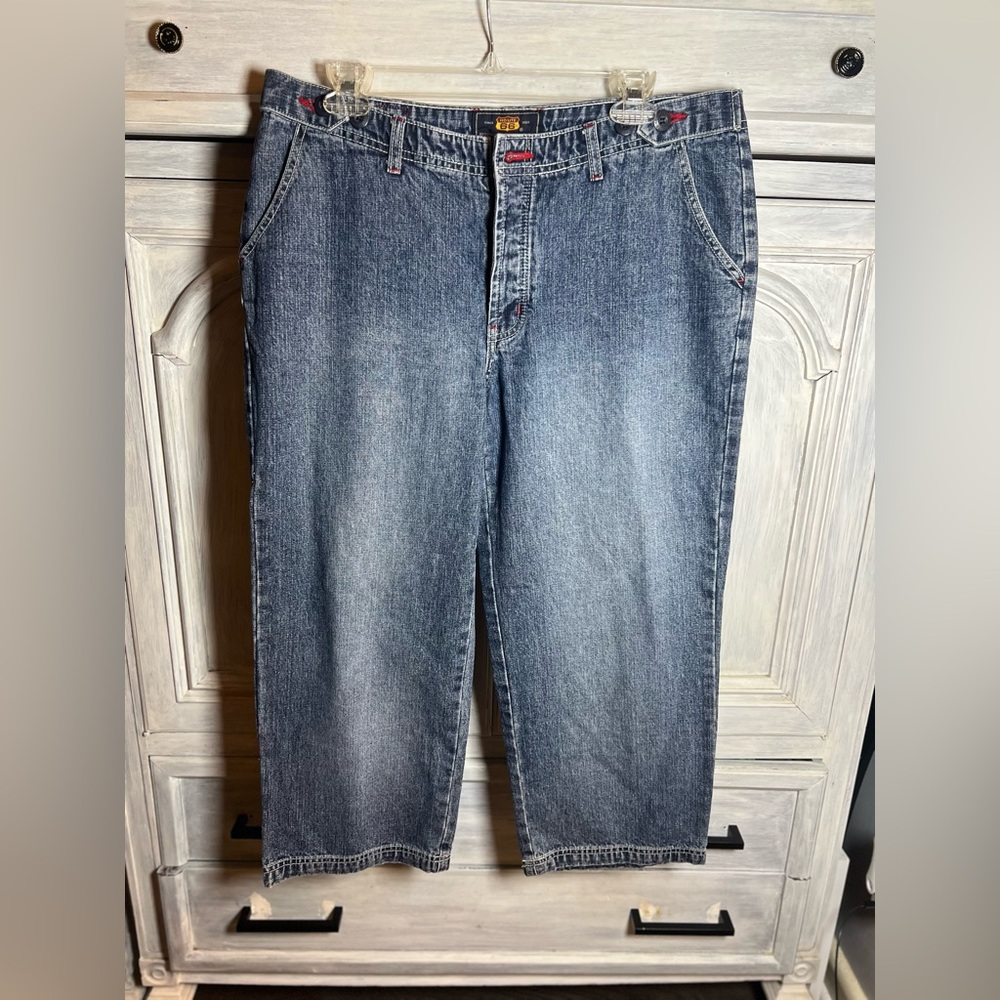 Vintage Y2K Route 66‎ Denim Wide Leg Flap Pocket Trouser Capris Utility
